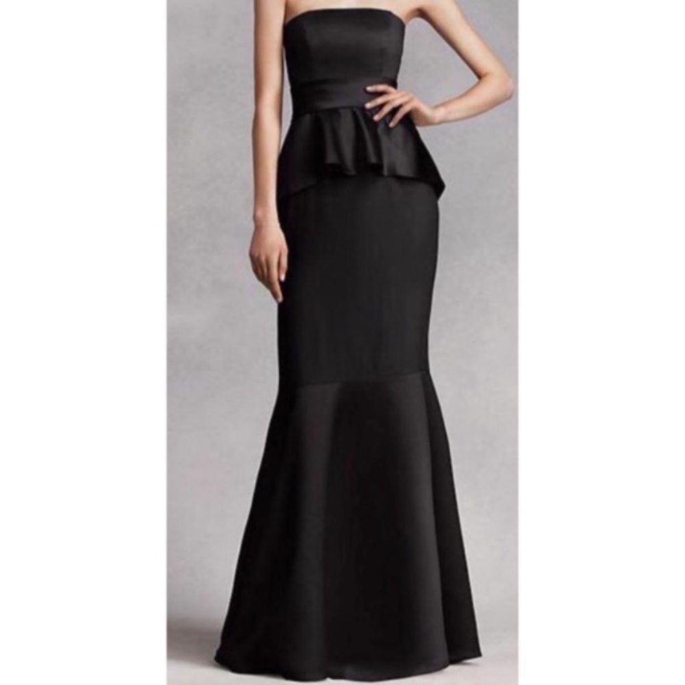 White by Vera Wang Black Satin & Matte Crepe Peplum Mermaid Gown with Satin Sash
